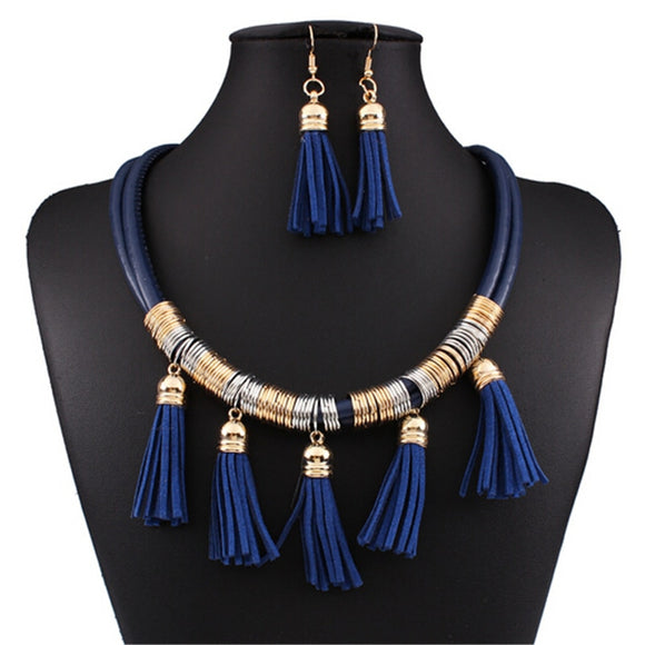 Leather Tassle Necklace Jewelry Set