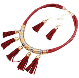 Leather Tassle Necklace Jewelry Set