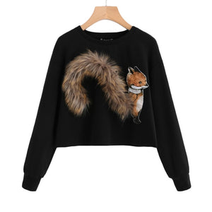 Faux Fur Fox Patch Sweatshirt Pullover Women Black