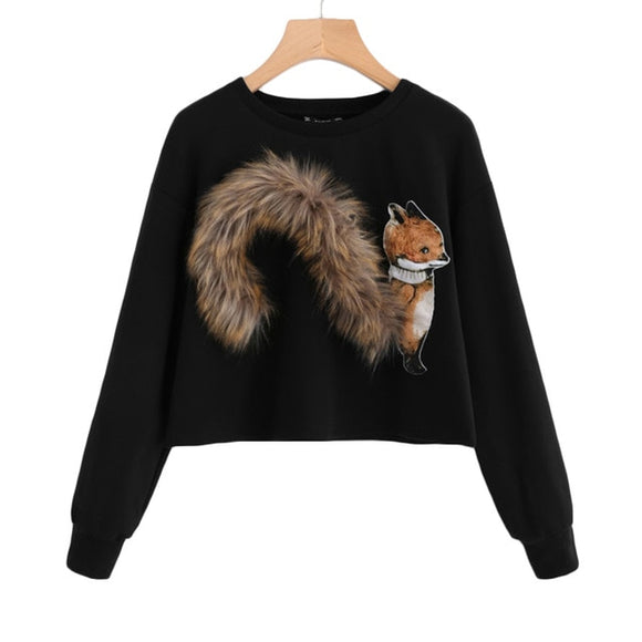 Faux Fur Fox Patch Sweatshirt Pullover Women Black