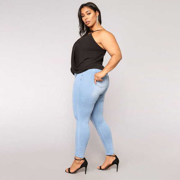 Women Plus Size Ripped Stretch Slim Denim Skinny Jeans Pants High Waist Trousers