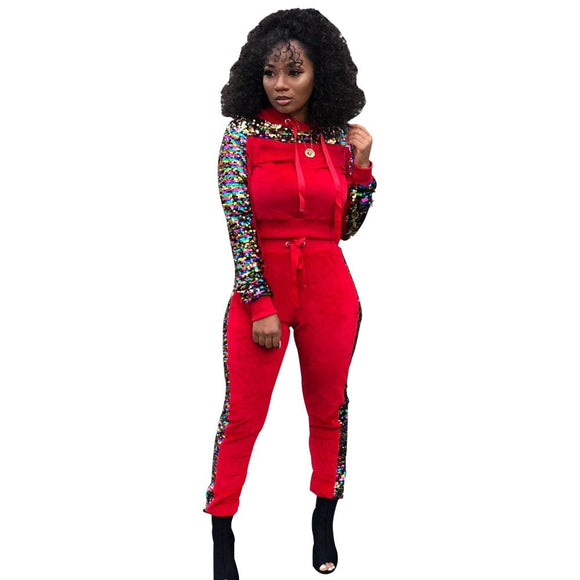 Patchwork Sequin Tracksuit Women 2 Piece Set